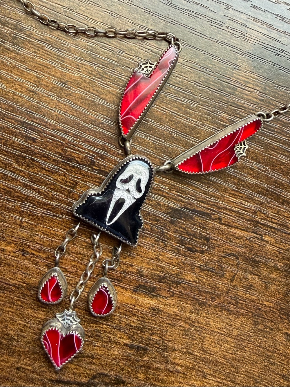 Red and Black Gothic Scream Mask Pendant Necklace Women Jewelry Sterling silver